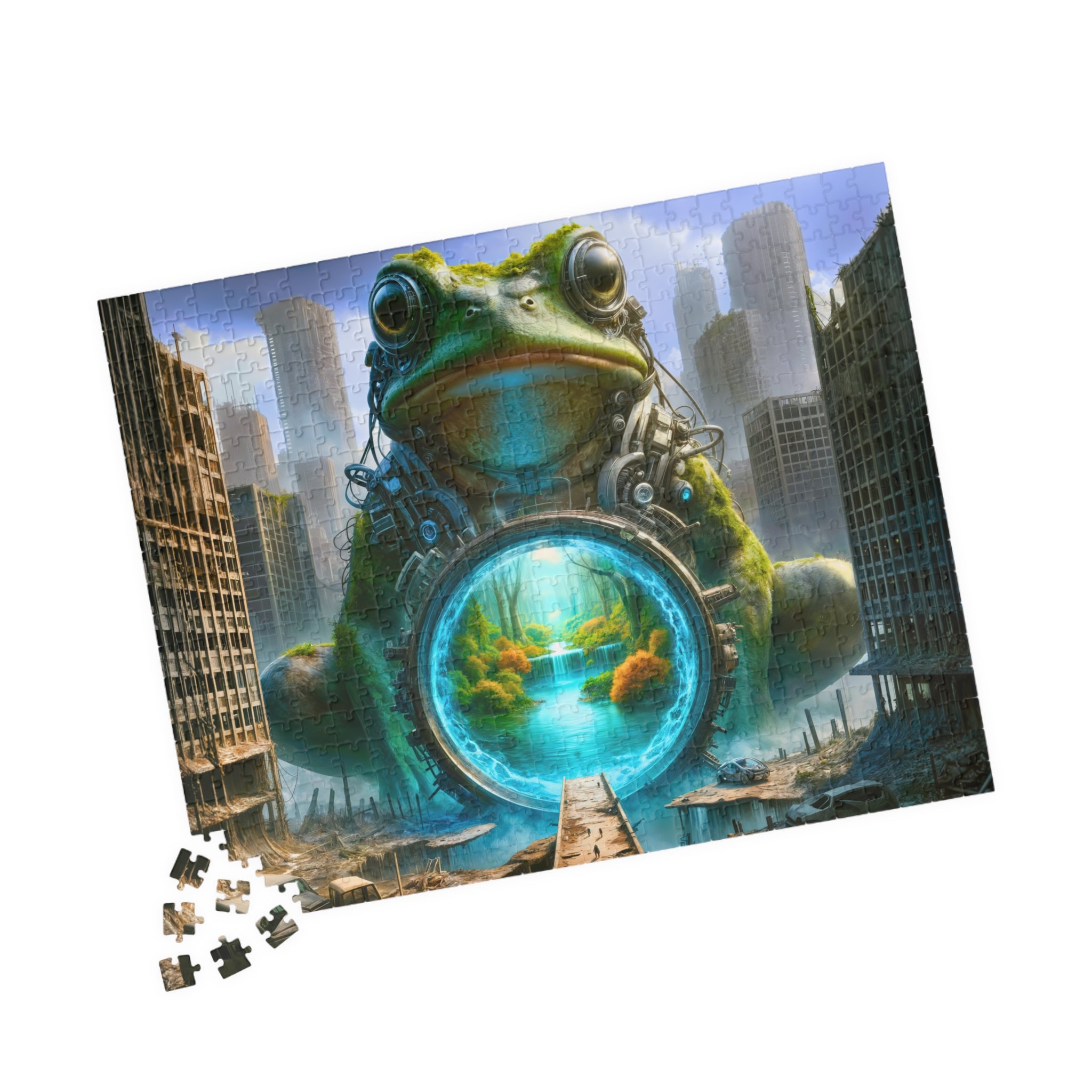 Assembled Frog Portal Puzzle by Printify, showing a whimsical scene with a large frog and a tranquil portal, emphasizing the captivating art of this jigsaw.