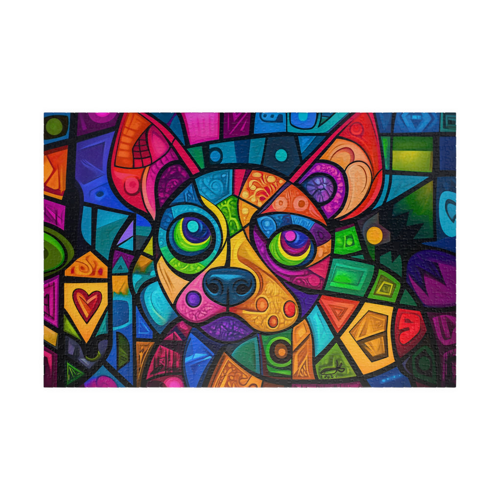 Colorful Puppy 2 art puzzle by Printify, showcasing a vibrant portrait of an abstract dog with bright geometric shapes and bold colors.