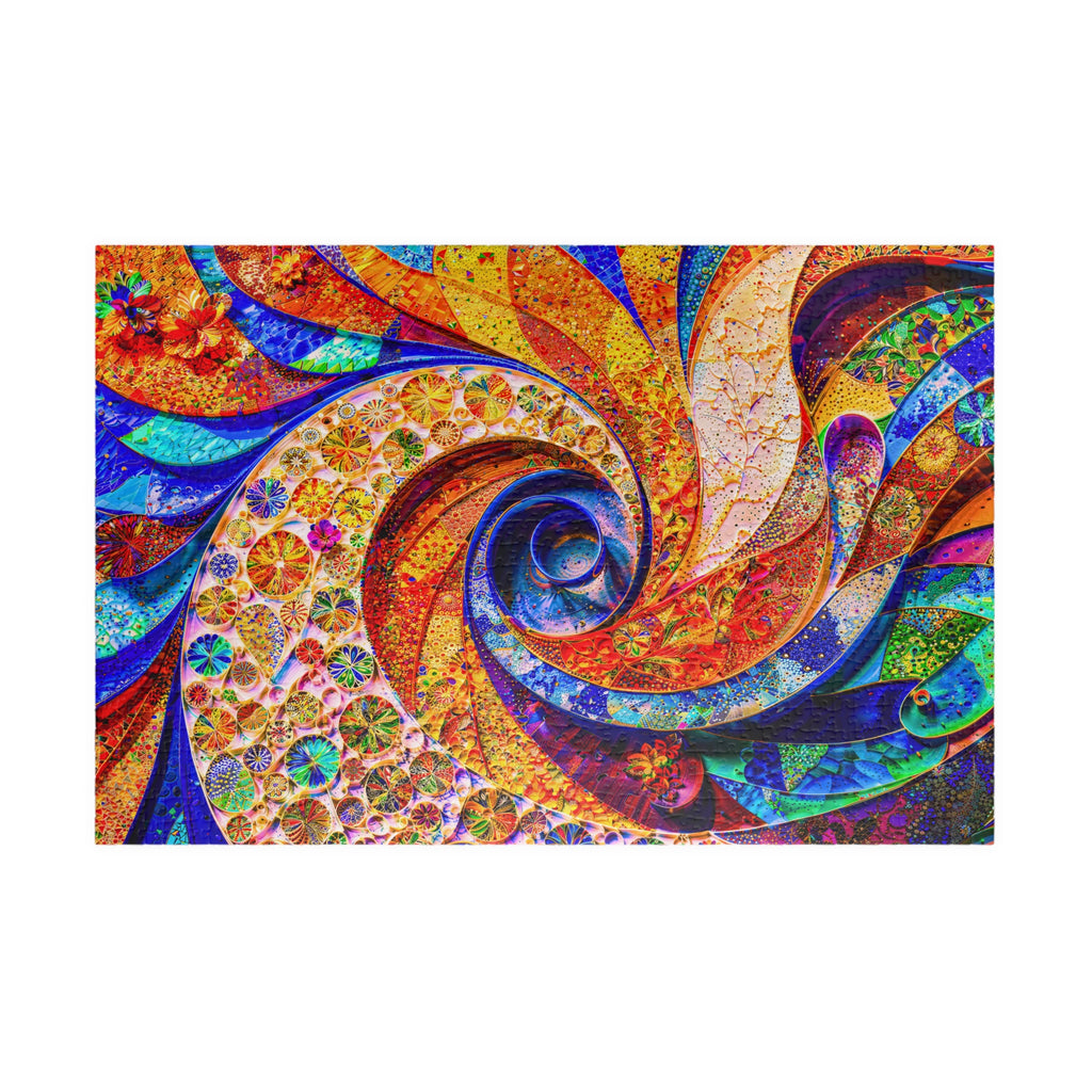Vibrant Abstract Fractals artwork featured in the 1014 Piece Art Puzzle by Printify, showcasing a mesmerizing spiral design with bright colors and intricate geometric patterns.