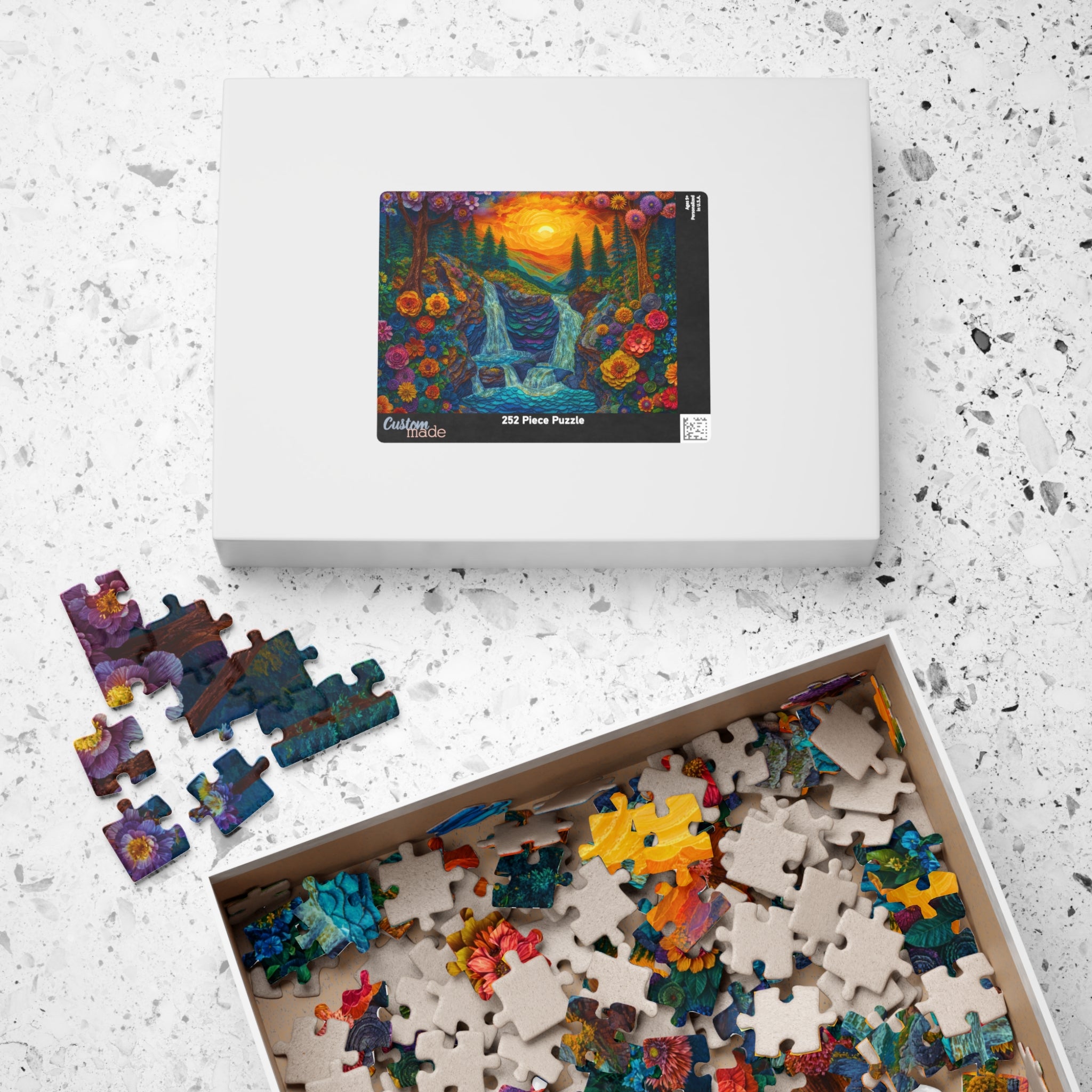 Relaxing scene of family assembling the Mountain Flowers puzzle together, promoting quality time and mindfulness.