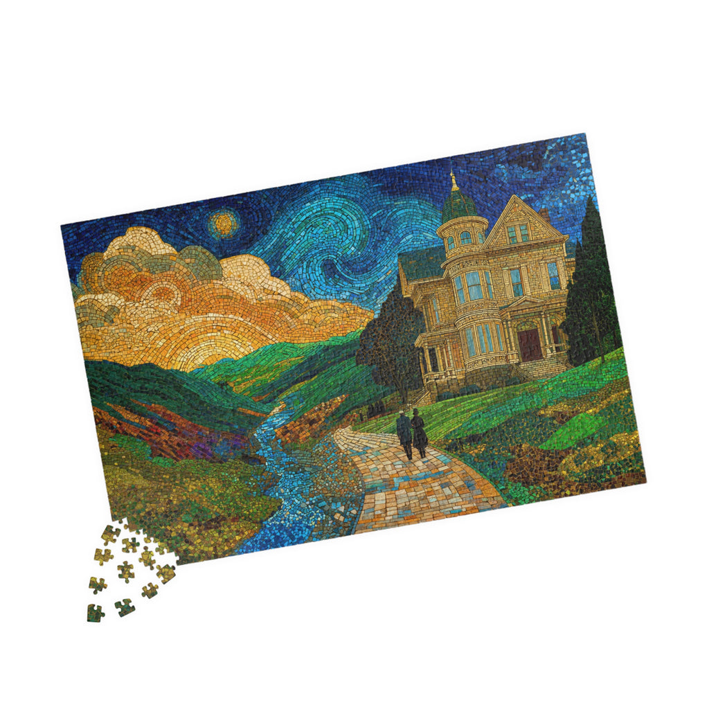Completed Mosaic Walk 1014 Piece Art Puzzle by Printify on display, illustrating a vivid scenic pathway with a charming home set against colorful hills and a swirling sky backdrop.