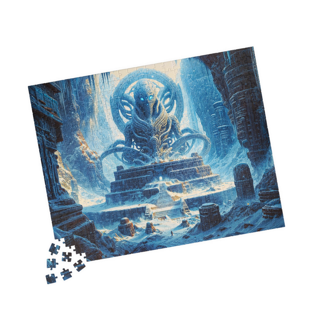 A completed view of the Alien Ruins — 520 Piece Art Puzzle by Printify, featuring a large extraterrestrial structure set against a dramatic landscape, ideal for fans of science fiction.