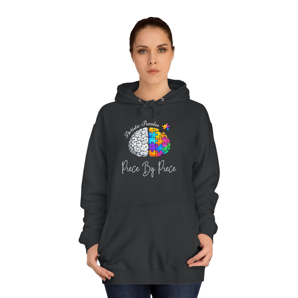 A model wearing the Artistic Puzzles 'Piece By Piece' Signature Brain Hoodie by Printify, showcasing its unique split-brain design and comfortable fit.