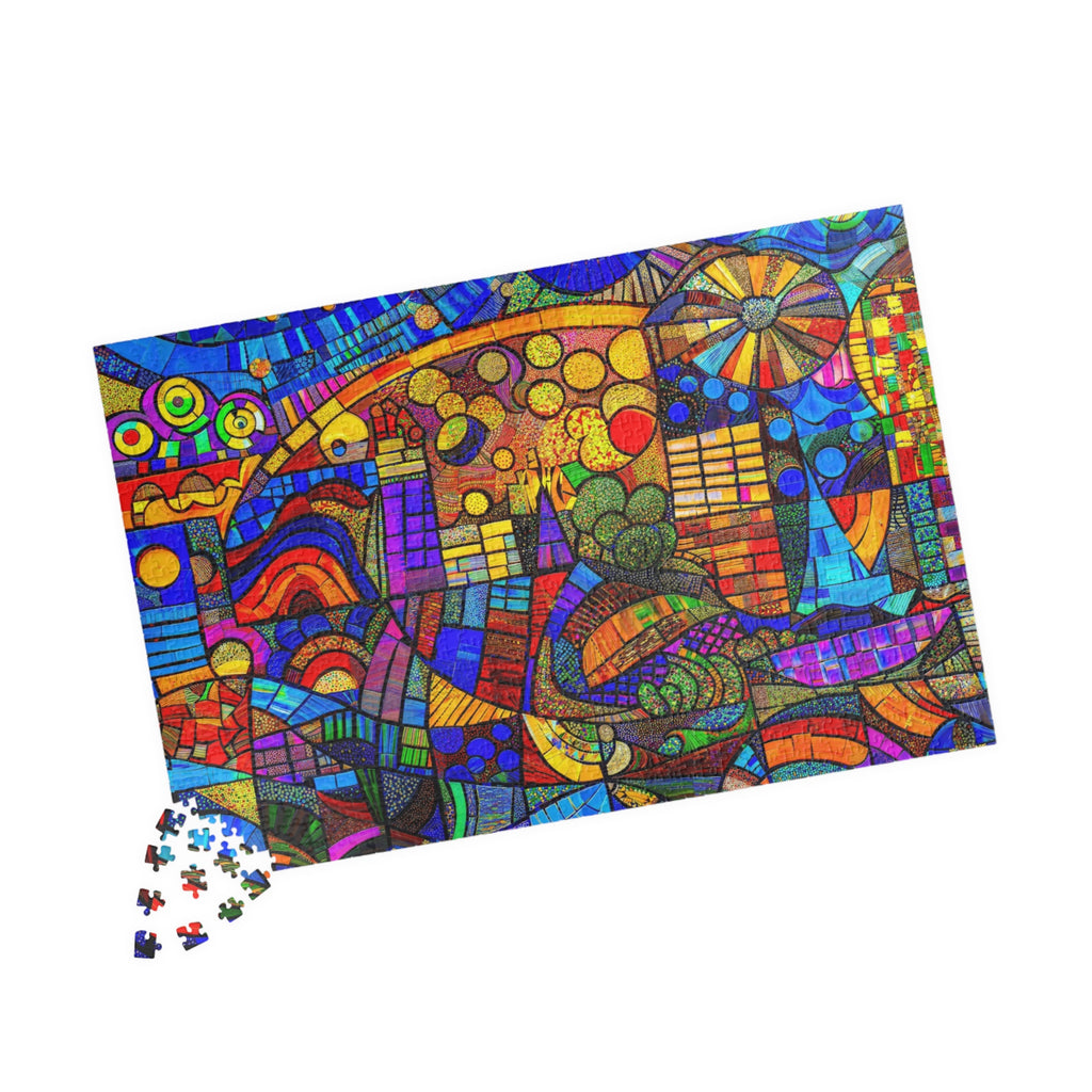 Completed vibrant geometric jigsaw puzzle featuring colorful modern abstract patterns from Printify's Ultra Abstract 1014 Piece Art Puzzle.