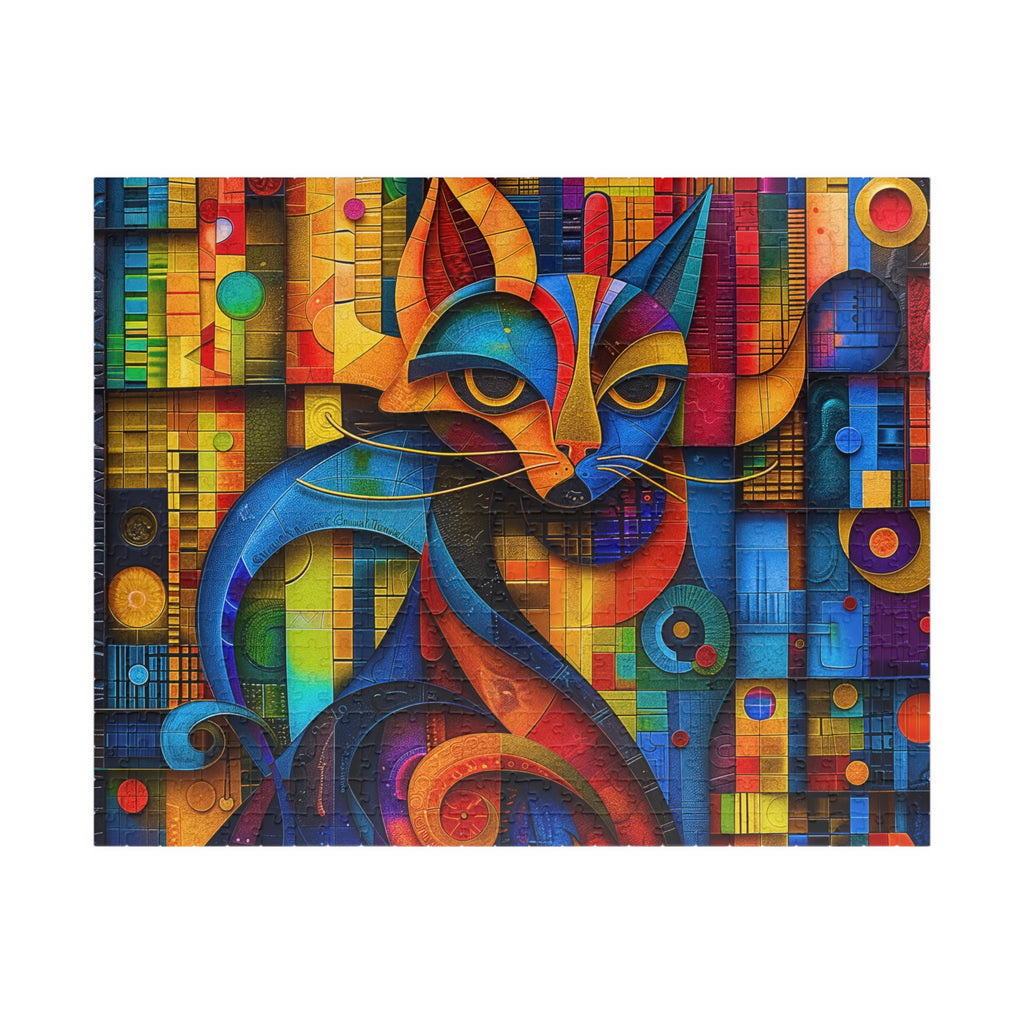 Mr. Cat 520 Piece Art Puzzle by Printify featuring a vibrant geometric mosaic design of a colorful cat portrait.