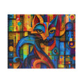 Mr. Cat 520 Piece Art Puzzle by Printify featuring a vibrant geometric mosaic design of a colorful cat portrait.