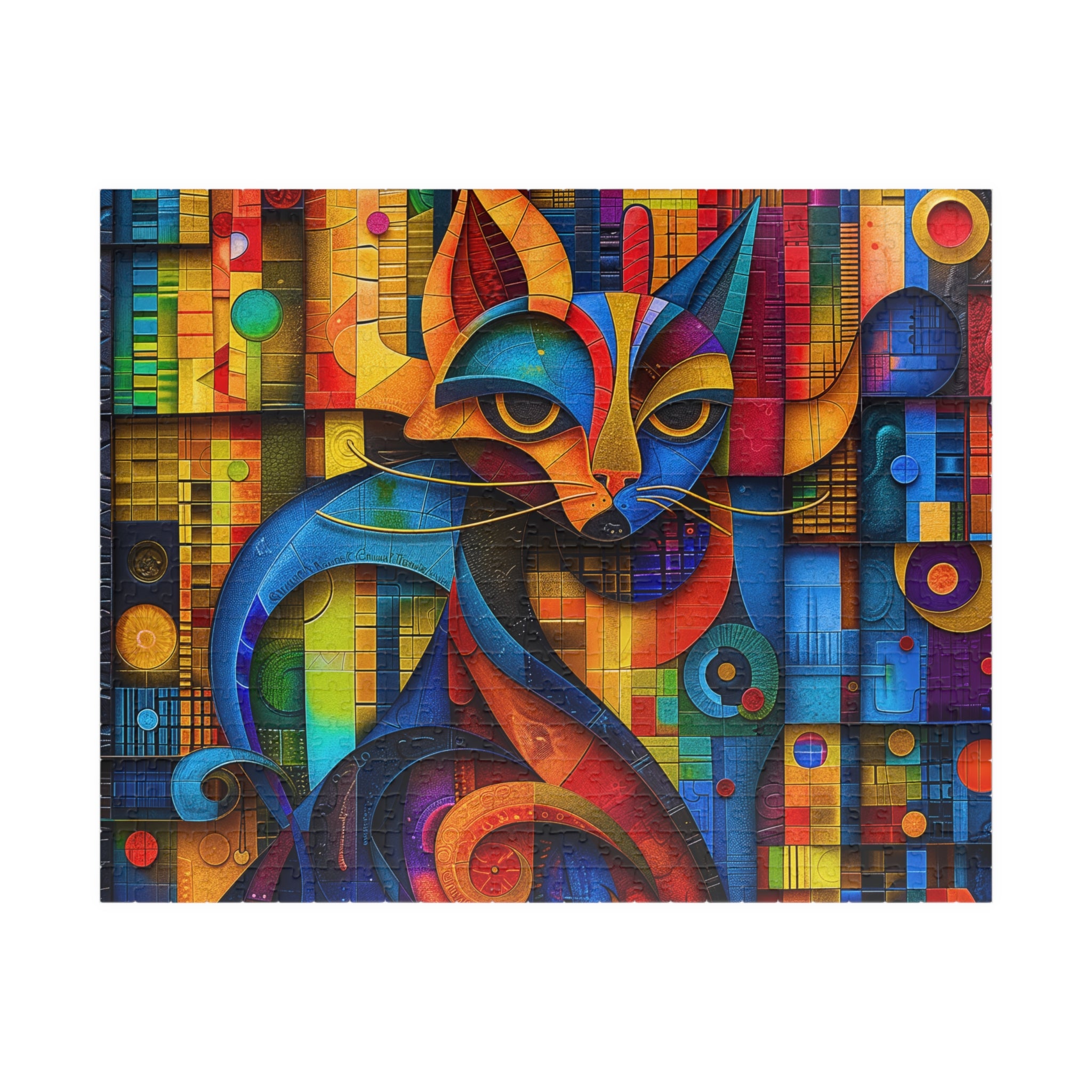 Mr. Cat 520 Piece Art Puzzle by Printify featuring a vibrant geometric mosaic design of a colorful cat portrait.