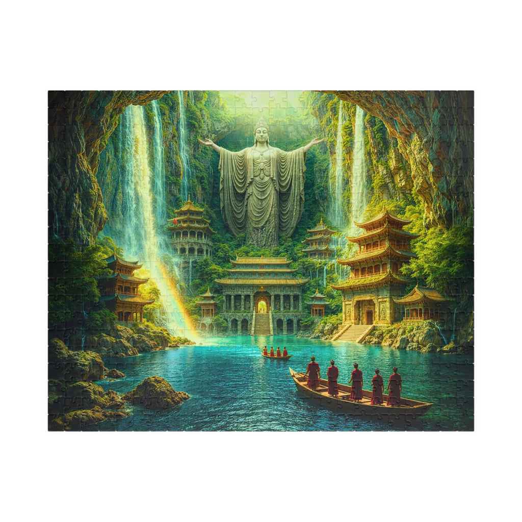 Cave Temple 520 Piece Art Puzzle by Printify featuring a breathtaking mystical waterfall sanctuary with towering statues and serene waters, perfect for puzzle lovers seeking a challenge.