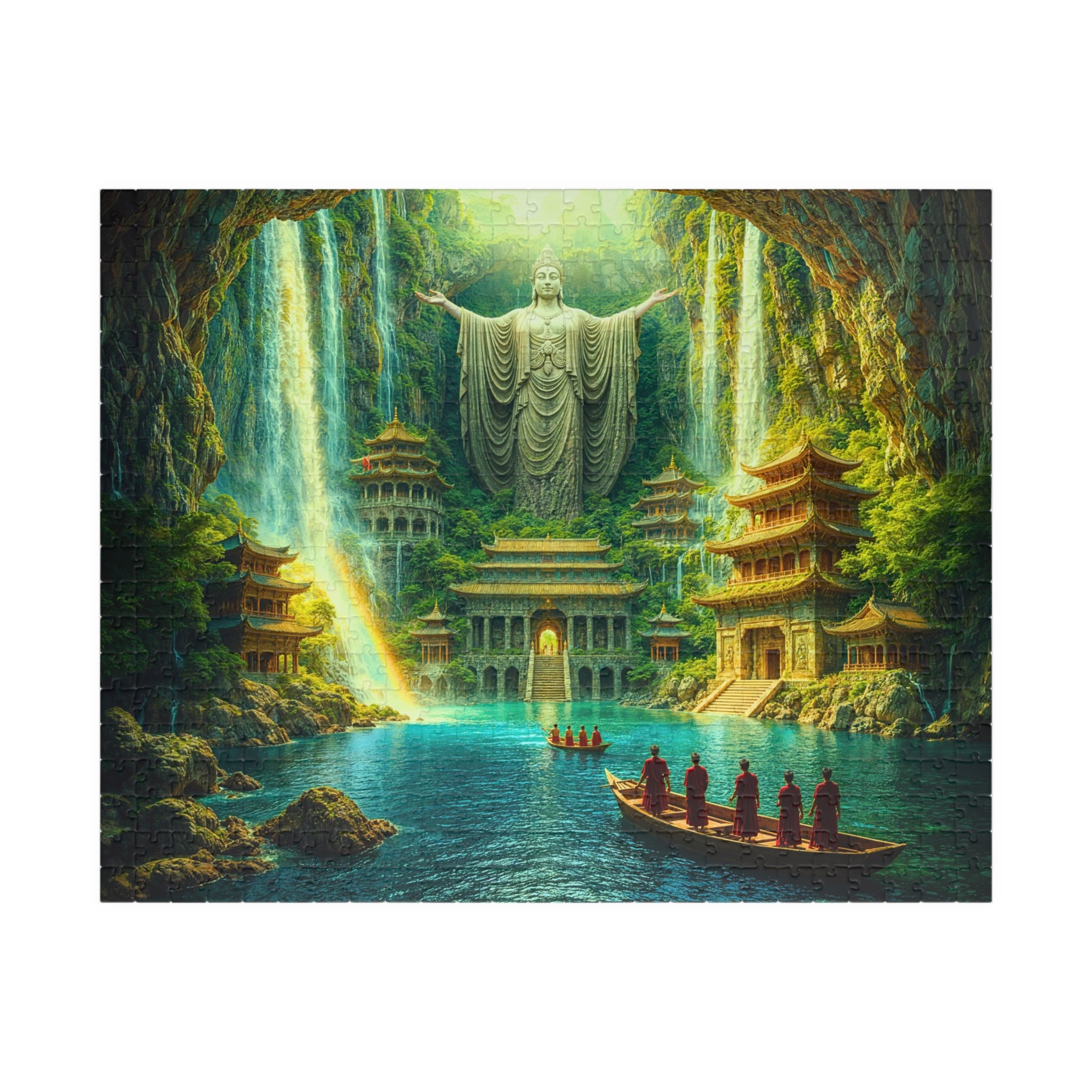 Cave Temple 520 Piece Art Puzzle by Printify featuring a breathtaking mystical waterfall sanctuary with towering statues and serene waters, perfect for puzzle lovers seeking a challenge.