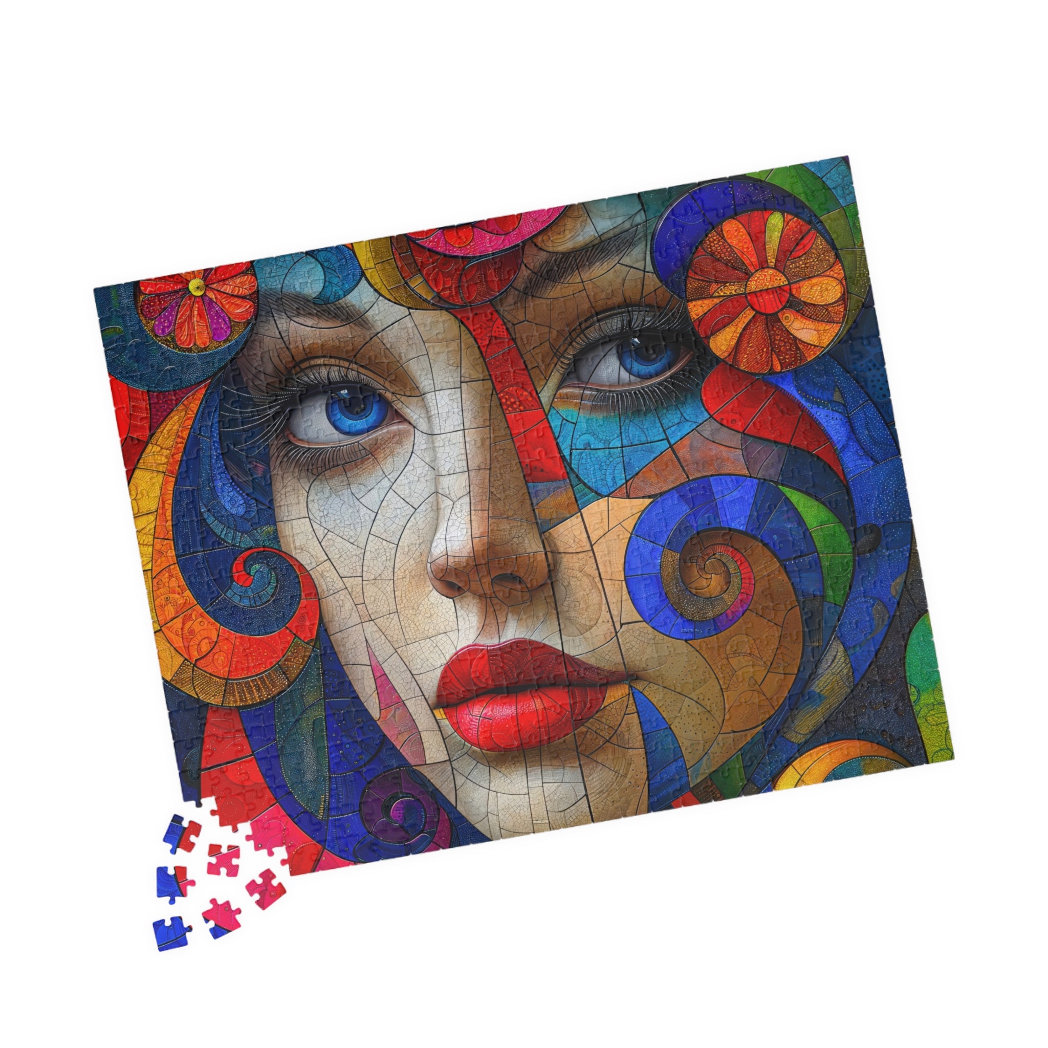 Partial layout of Blue Eyes Portrait 520 piece art puzzle by Printify, emphasizing vibrant colors and intricate design with scattered puzzle pieces.