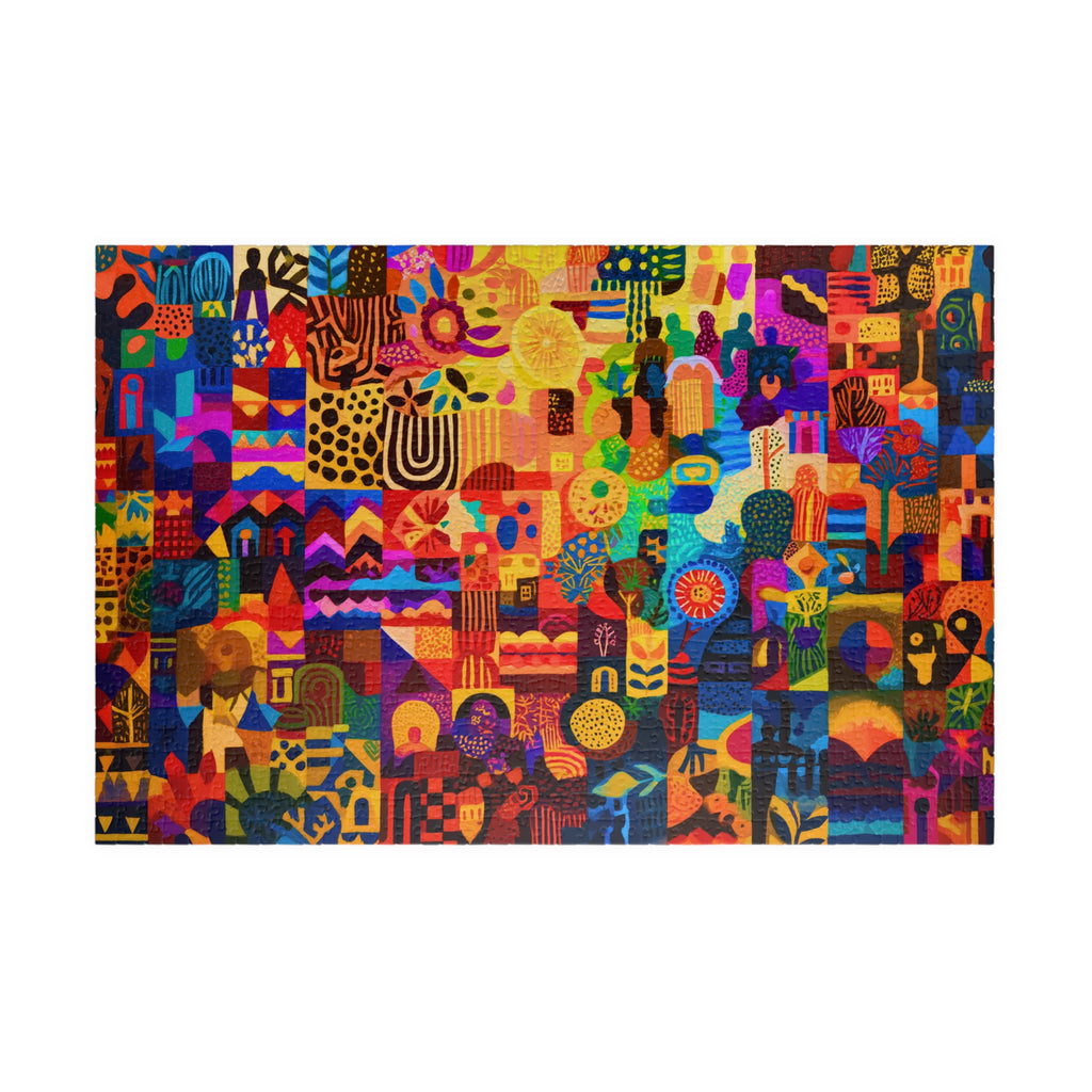 Vibrant abstract art puzzle featuring a colorful mosaic collage with intricate patterns and shapes, designed by Printify. Perfect for puzzle enthusiasts, this 1014-piece artwork captivates with its dynamic composition.