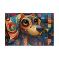 Cute Dog puzzle by Printify featuring a vibrant mosaic-style puppy portrait, showcasing colorful patterns and textures, perfect for puzzle lovers.