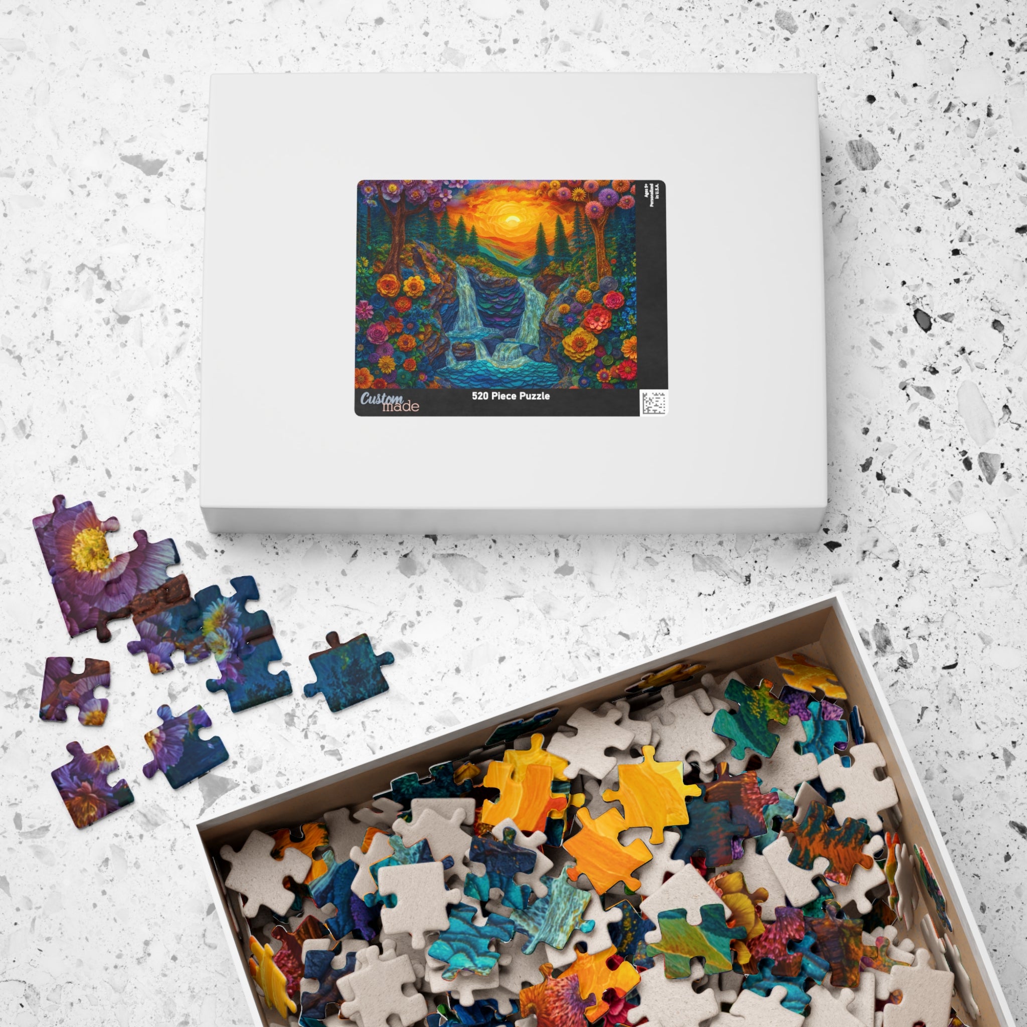 Jigsaw puzzle box of Mountain Flowers, highlighting the engaging experience of putting together this nature-themed puzzle.