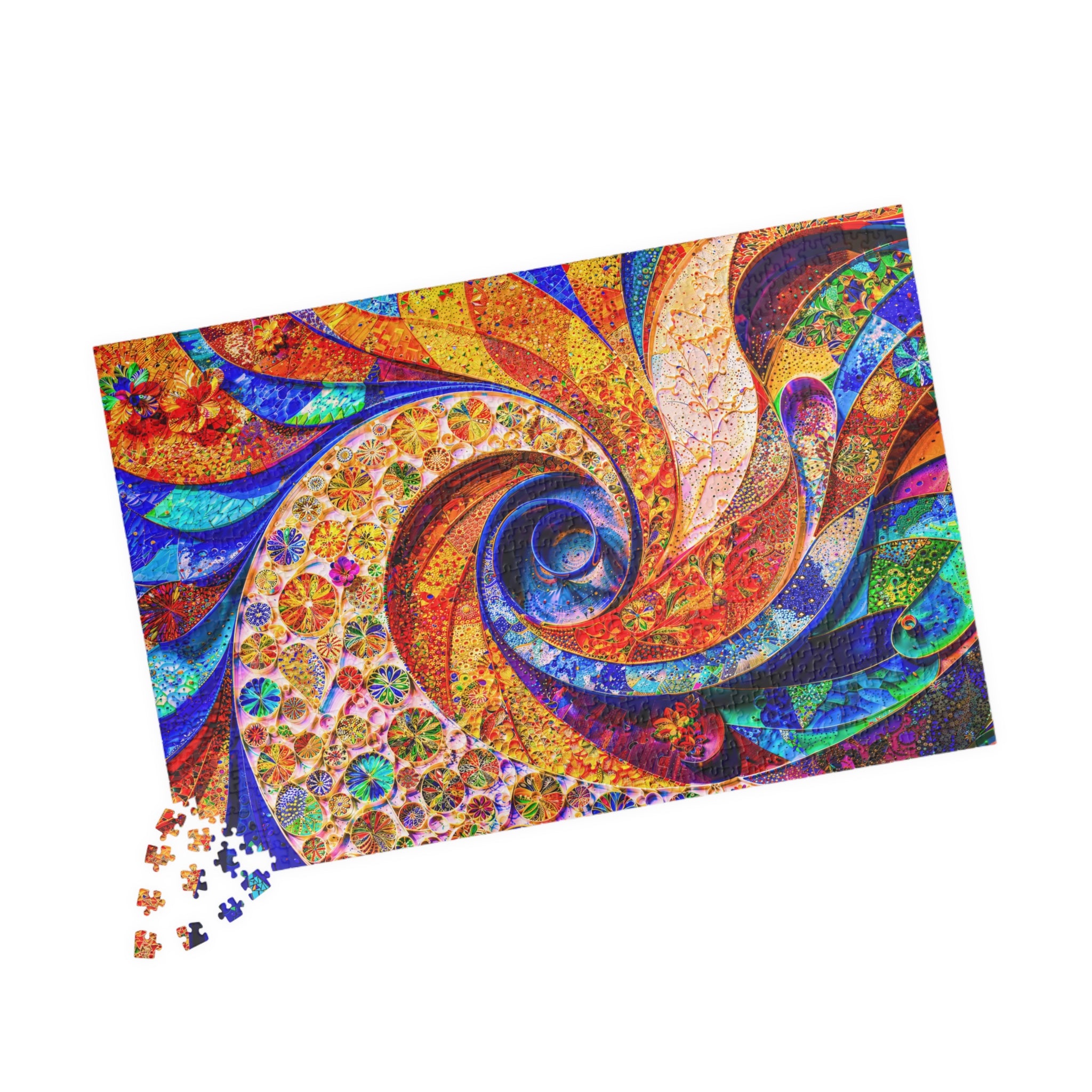 Abstract Fractals 1014 Piece Art Puzzle showcasing vibrant fractal geometry with colorful spiral and geometric patterns, designed by Printify.