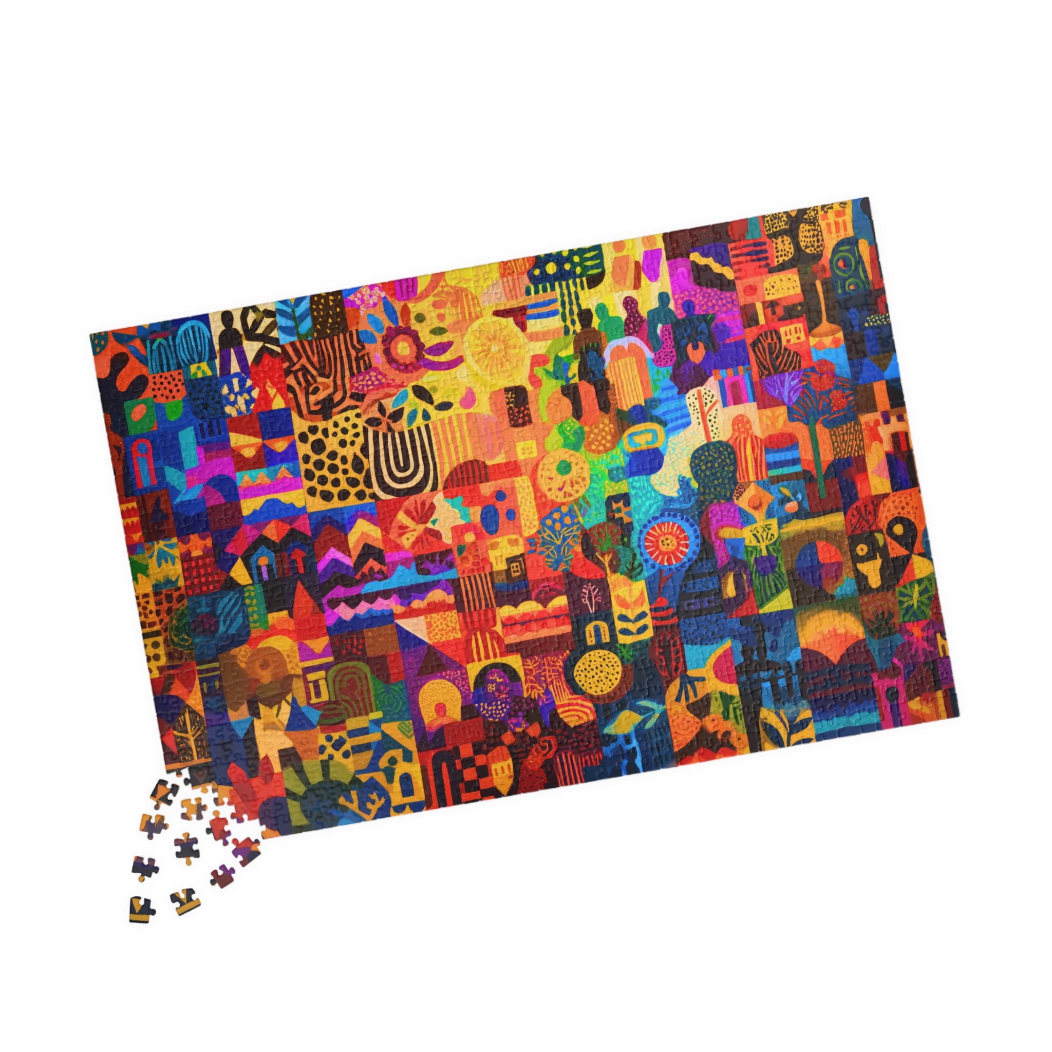 Colorful 1014-piece abstract puzzle displaying a vibrant pattern mosaic collage with various shapes and designs, created by Printify.