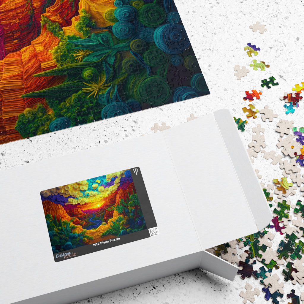 Colorful Canyon puzzle packaging displayed beside scattered puzzle pieces, by Printify. This image features the artistic sunset landscape that transforms into stunning artwork.