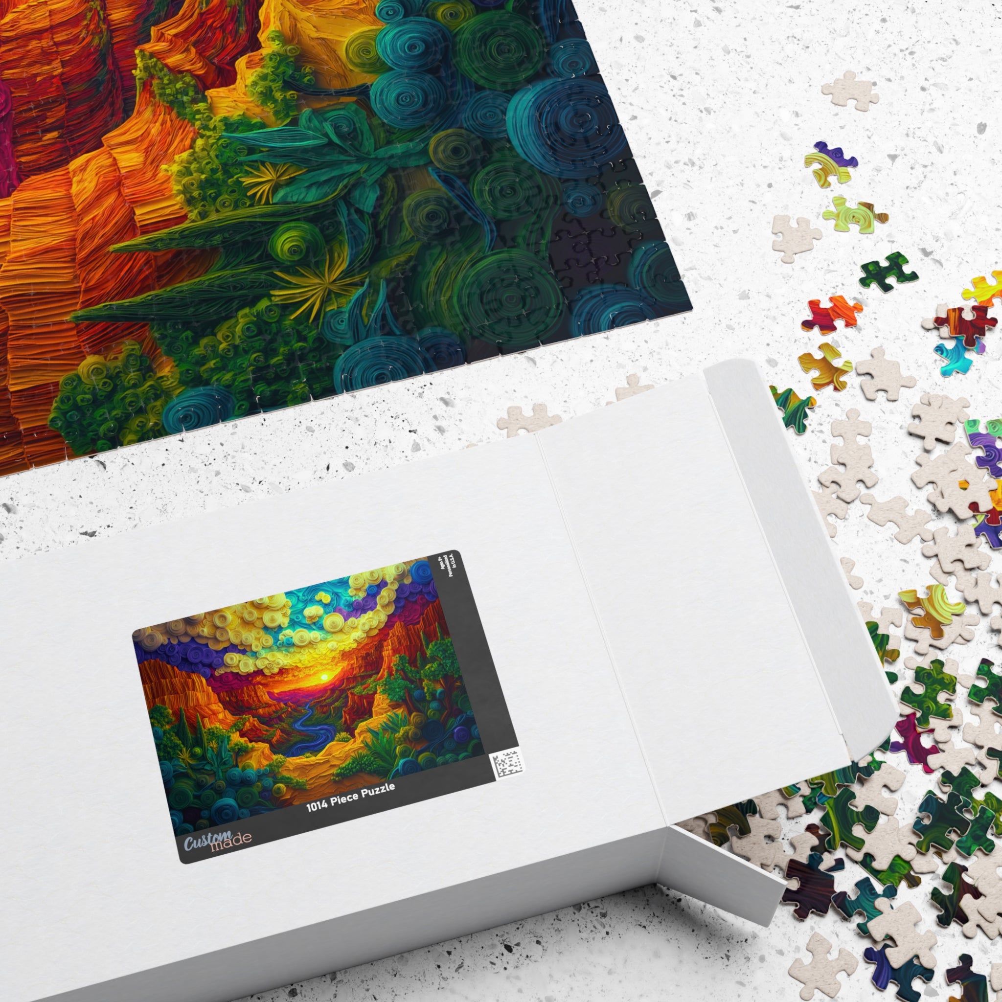 Colorful Canyon puzzle packaging displayed beside scattered puzzle pieces, by Printify. This image features the artistic sunset landscape that transforms into stunning artwork.