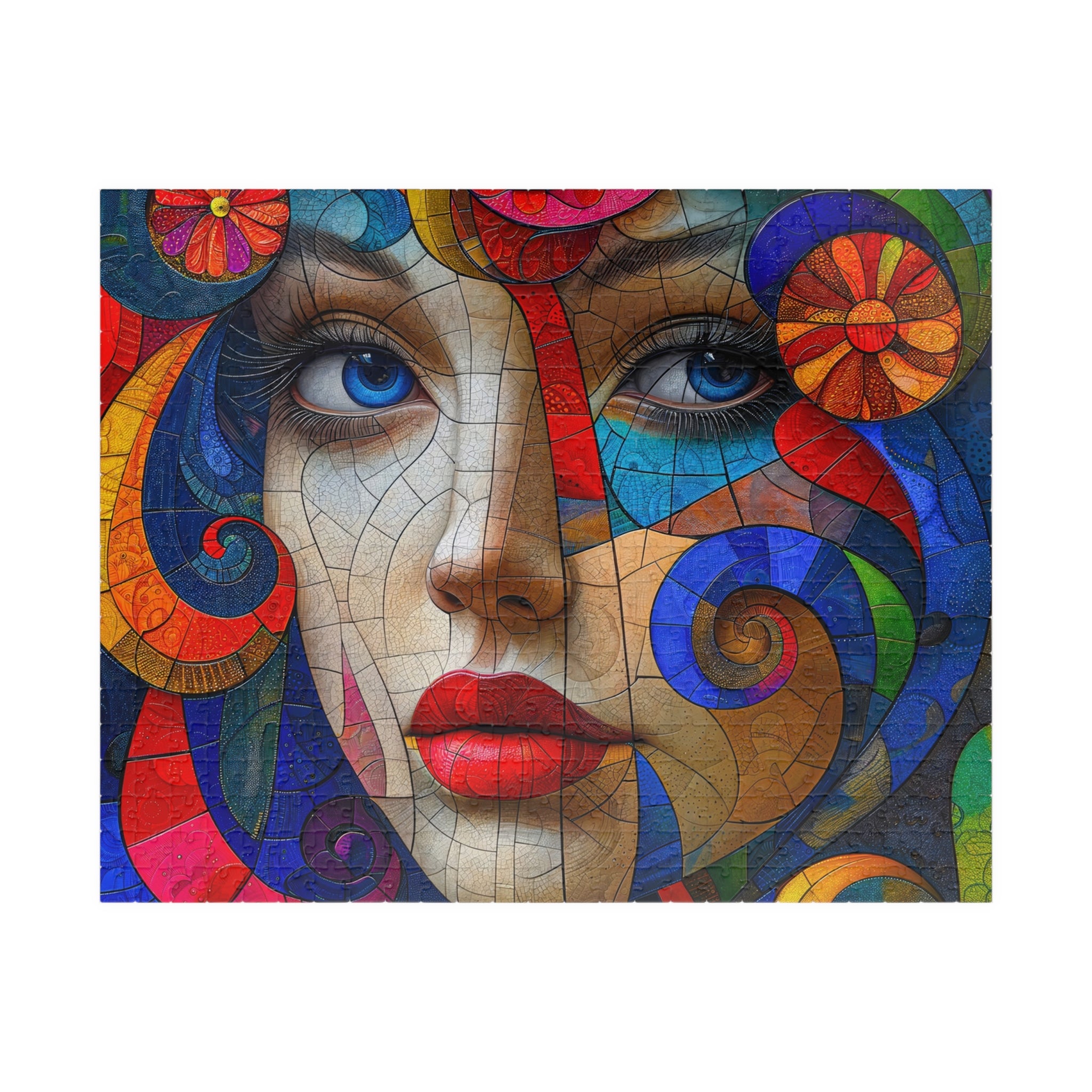 Blue Eyes Portrait 500 Piece Art Puzzle by Printify featuring a vibrant artwork of a woman's face with blue eyes and colorful abstract designs; perfect for puzzle enthusiasts.