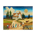 Mosaic Farm 520 Piece Art Puzzle showcasing a peaceful countryside scene with a farmhouse, trees, and people walking on a sunny day, by Printify.