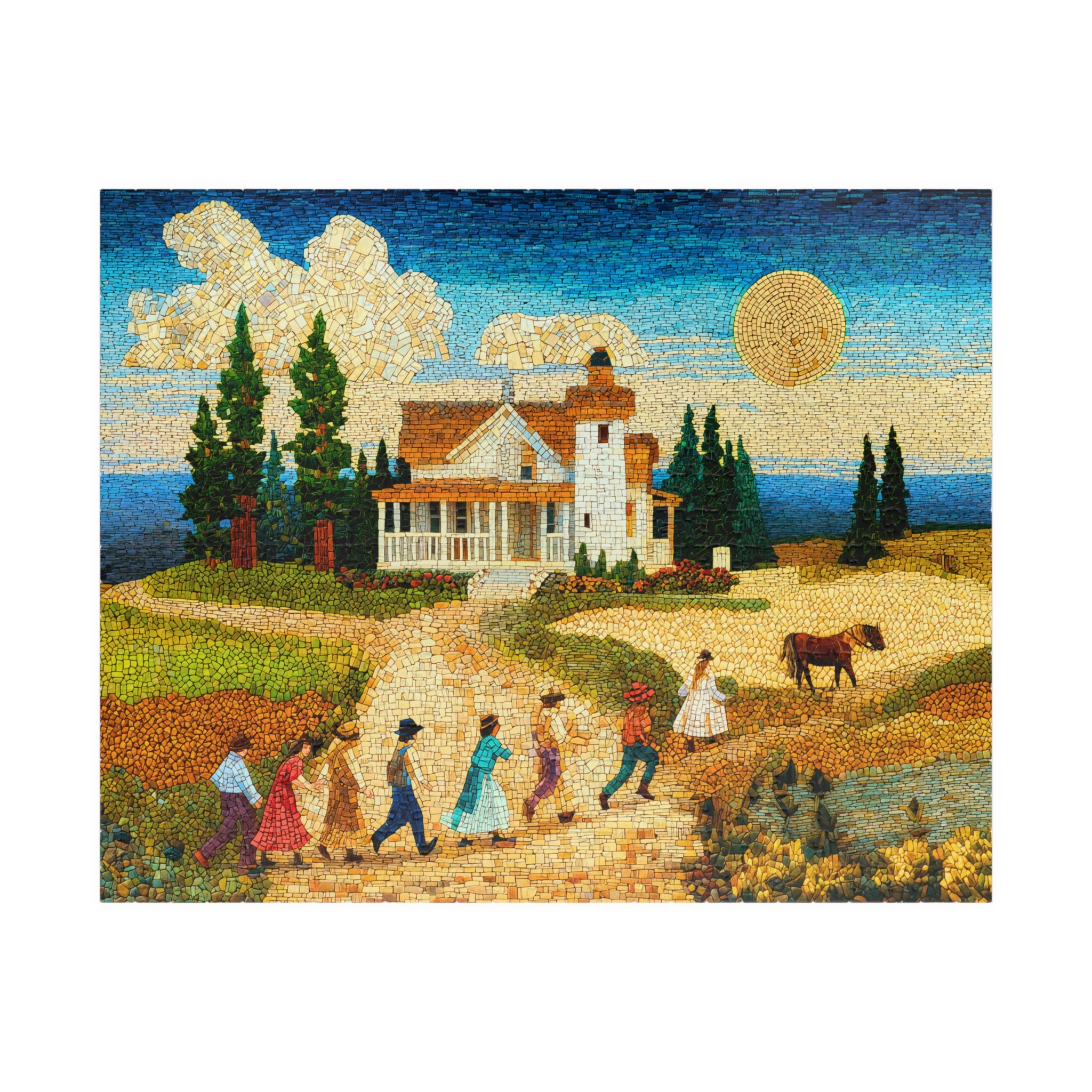 Mosaic Farm 520 Piece Art Puzzle showcasing a peaceful countryside scene with a farmhouse, trees, and people walking on a sunny day, by Printify.