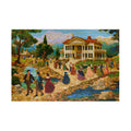 Mosaic Picnic puzzle featuring a vibrant Victorian garden celebration scene, showcasing elegantly dressed figures walking along a scenic pathway, created by Printify.
