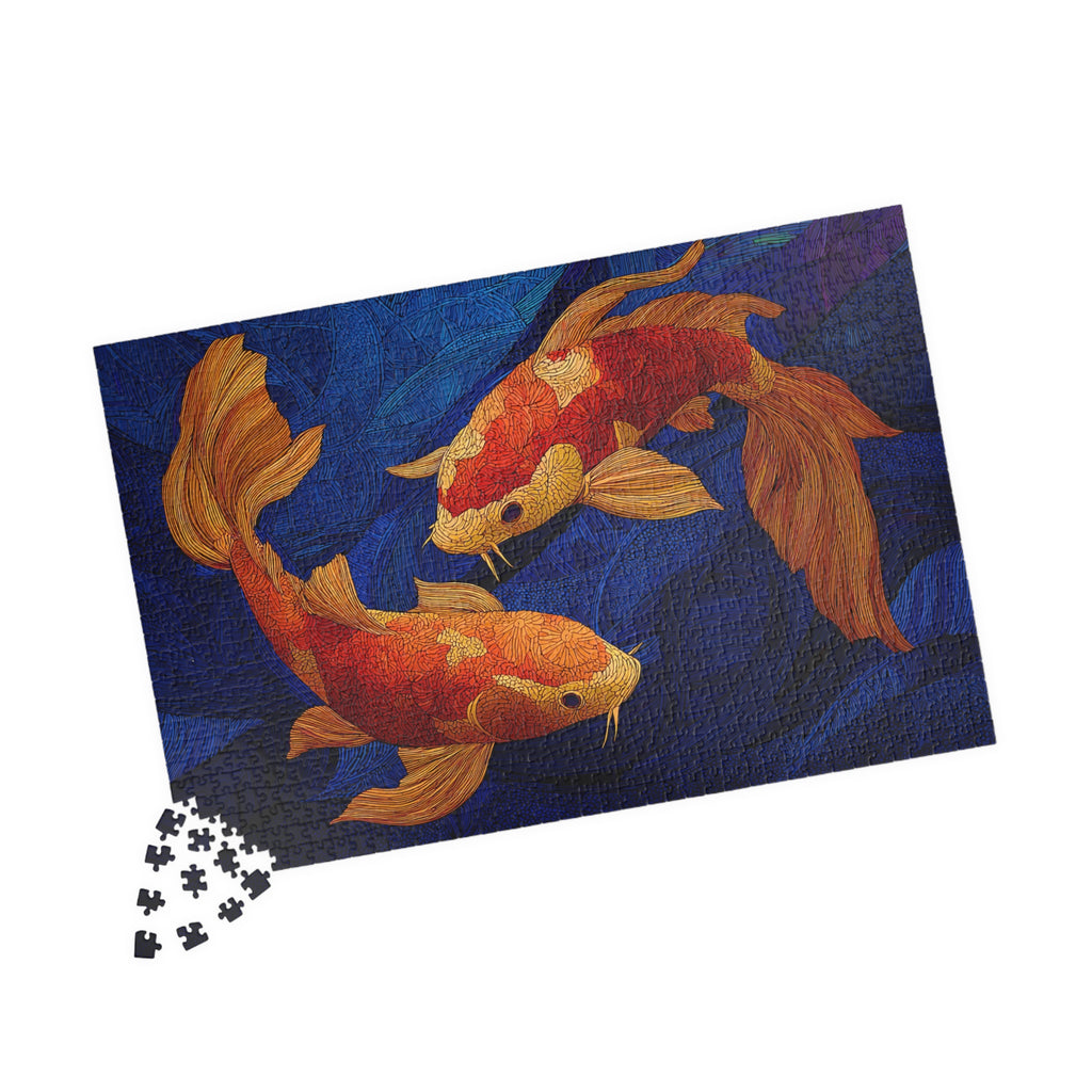 Completed Koi Dance 1014 Piece Art Puzzle showcasing two beautiful koi fish and puzzle pieces scattered around. Created by Printify.