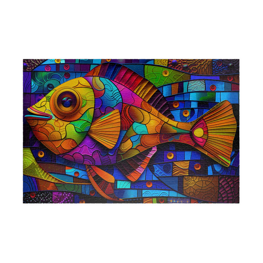 Mosaic Fish puzzle featuring a vibrant colorful geometric marine design by Printify, showing a lively fish with layered shapes in bold colors.