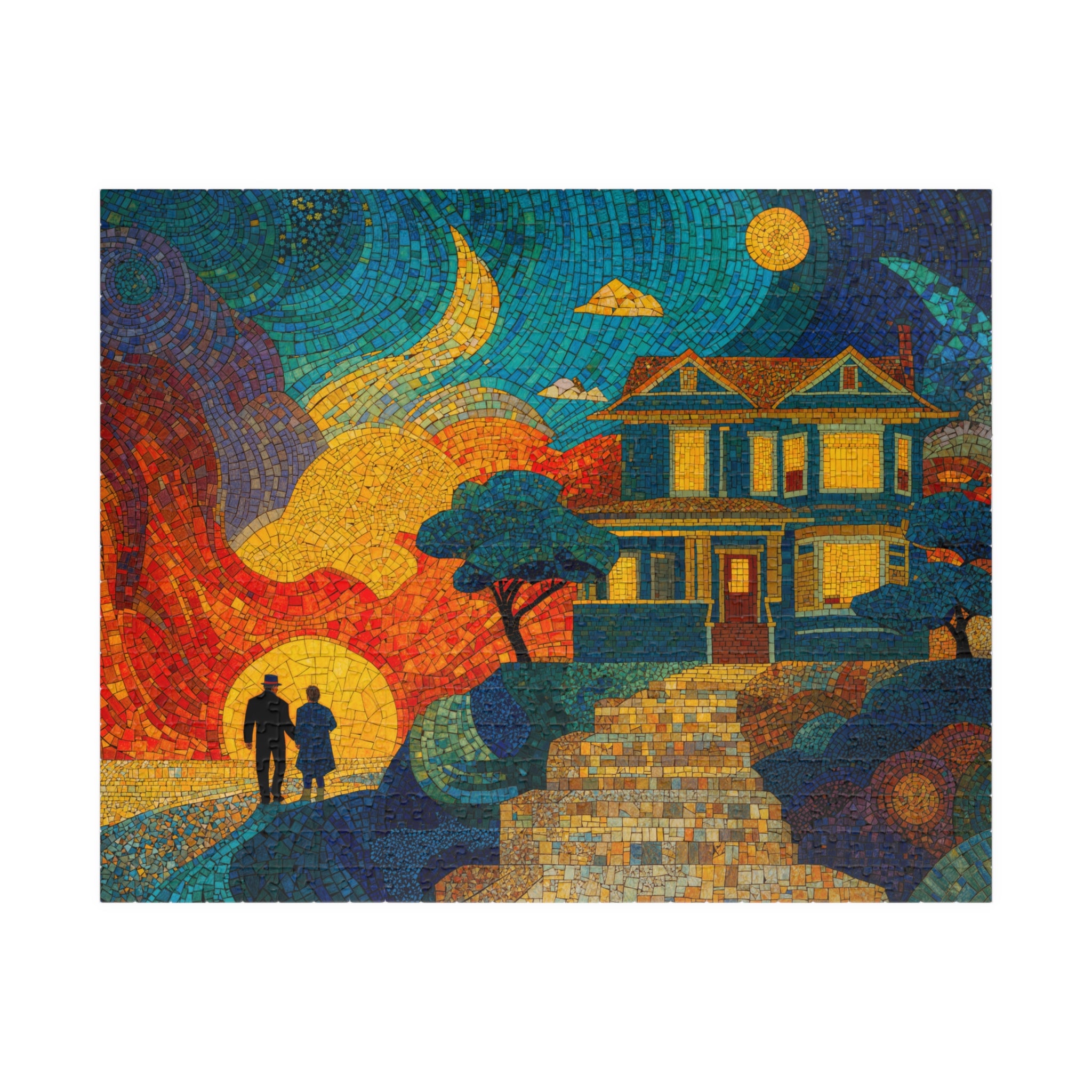 Mosaic Retirement — 520 Piece Art Puzzle by Printify featuring a vibrant sunset mosaic scene with a couple strolling towards a home, capturing tranquility and beauty in art.