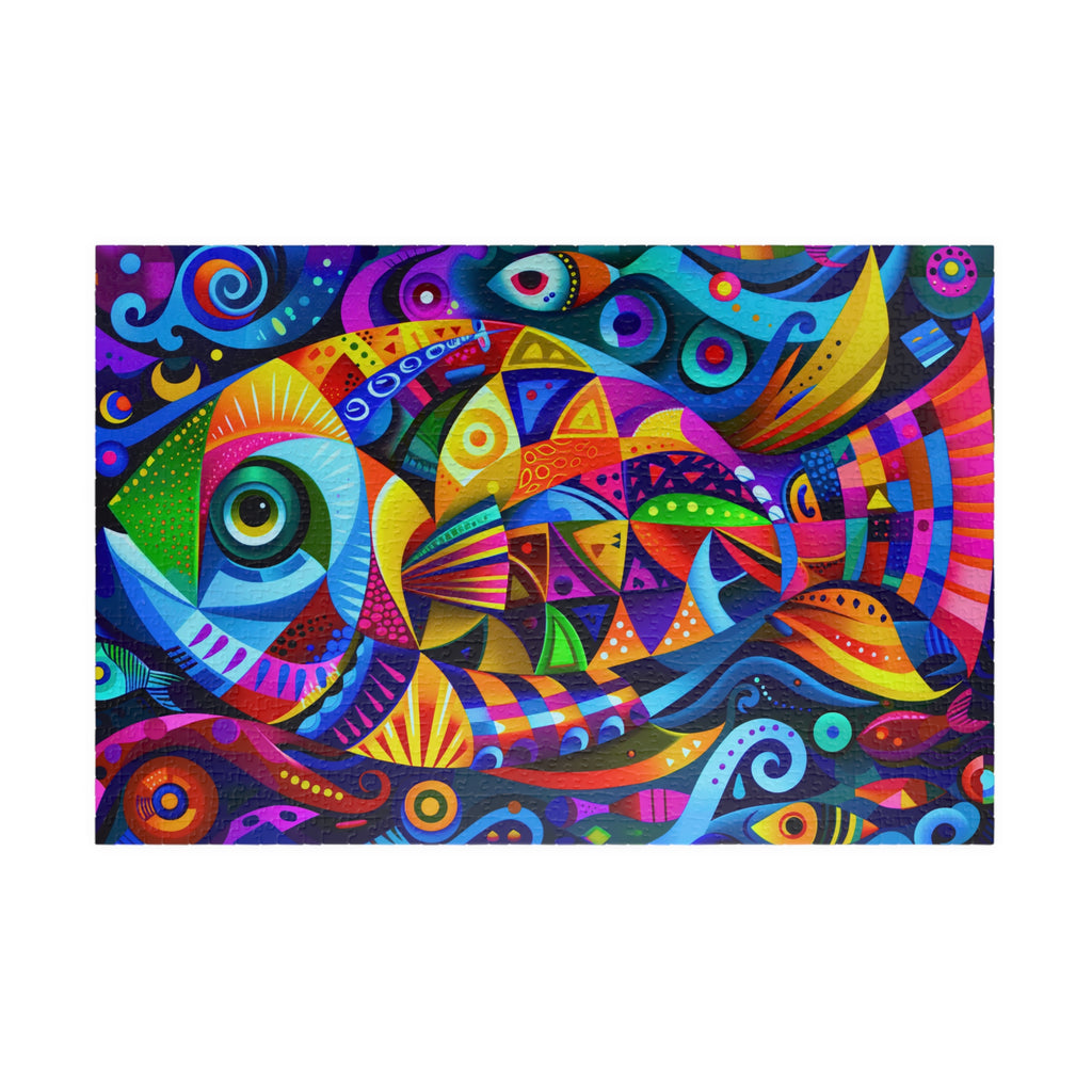 Vivid Art Deco fish illustration from Printify, showcasing colorful geometric patterns in a modern marine design, 1014 Piece Art Puzzle.